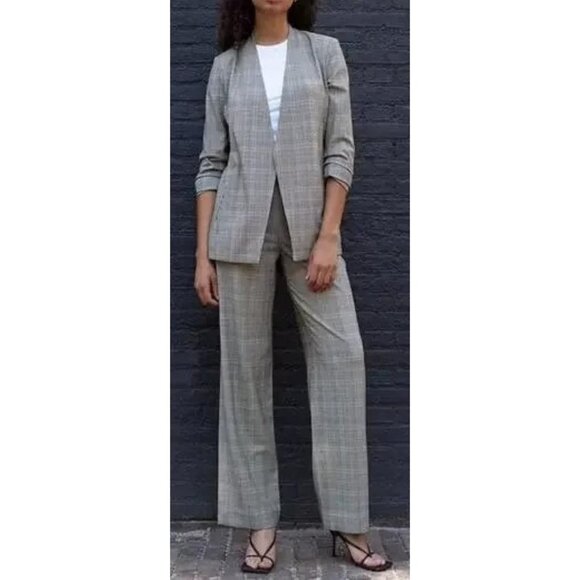 New Aritzia Babaton Gray Plaid Power Open Blazer + Pants 2 PC Suit Set - Picture 1 of 14